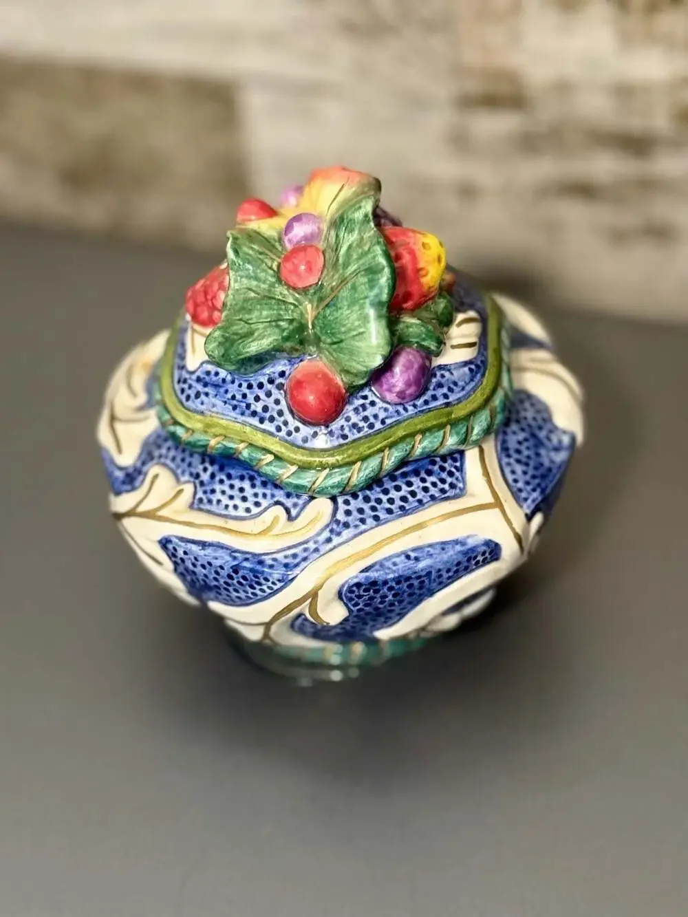 Fitz & Floyd Florentine Fruit Blue Lidded Bowl